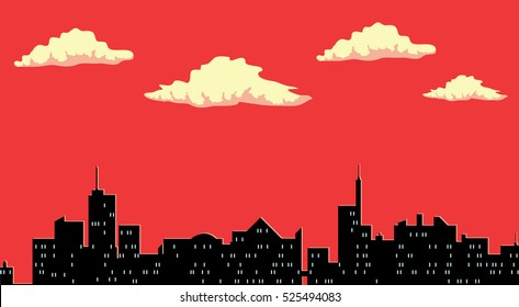 City silhouette, red sky, clouds 
vector illustration