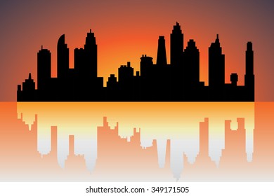 City Silhouette Reflection Evening Scene Stock Vector (Royalty Free ...