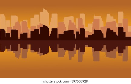 City silhouette reflections top and bottom