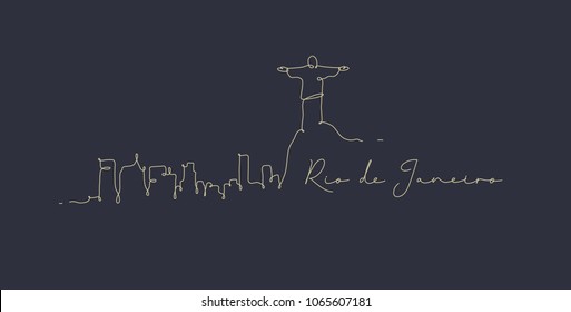 City silhouette rio de janeiro in pen line style drawing with beige on dark blue background