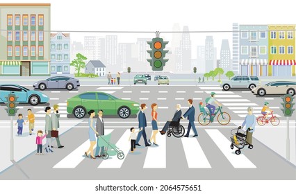 City silhouette with road traffic and pedestrians on the zebra crossing, illustration