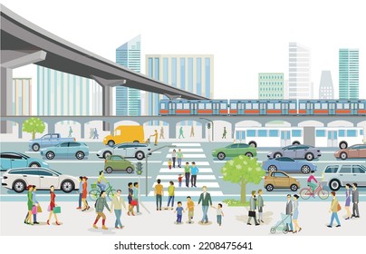 City silhouette with road traffic and pedestrians on the pedestrian crossing, illustration