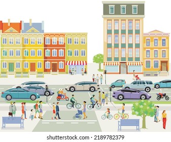 City silhouette with road traffic and people on the crosswalk illustration