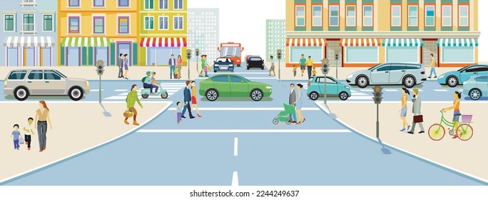 City silhouette with road traffic and people on the crosswalk illustration