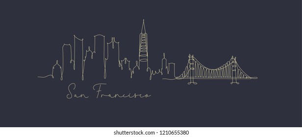 City silhouette san francisco in pen line style drawing with beige lines on dark blue background