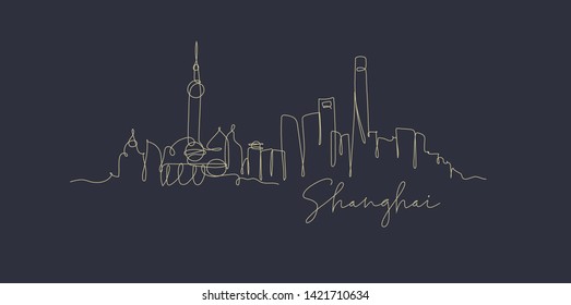 City silhouette Shanghai in pen line style drawing with beige lines on dark blue background