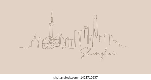 City silhouette Shanghai in pen line style drawing with brown lines on beige background