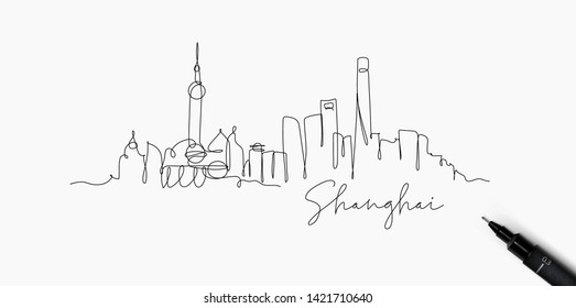 City silhouette Shanghai in pen line style drawing with black lines on white background