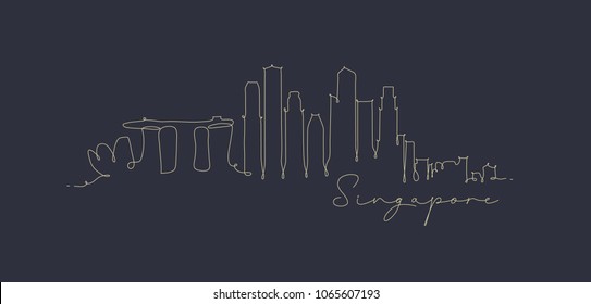 City silhouette singapore in pen line style drawing with beige on dark blue background