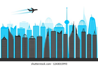 City silhouette with skyscrapers and air plane
