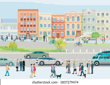 City silhouette of a small town with people in leisure time, and road traffic, illustration