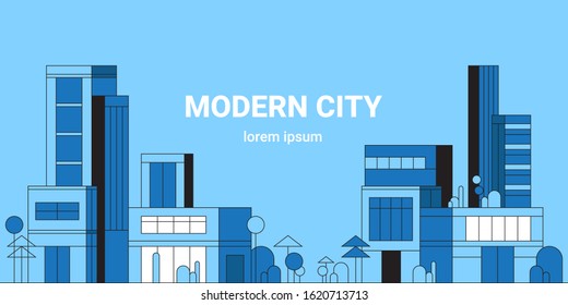 City silhouette and suburb. Heights, trees, workers homes and office buildings. Vector illustration of flat style