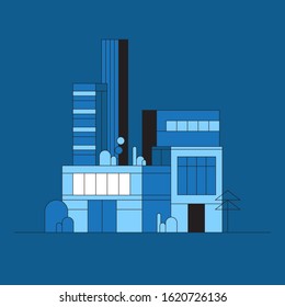 City silhouette and suburb. Heights, trees, workers homes and office buildings. Vector illustration of flat style