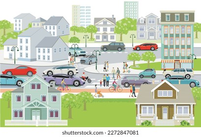 City silhouette in suburbia, with pedestrians in residential area and leisure activity, illustration