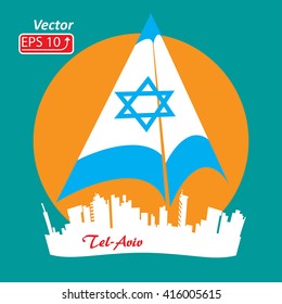 City silhouette Tel Aviv Israel blue white ship boat  sea flag green background logo vector illustration