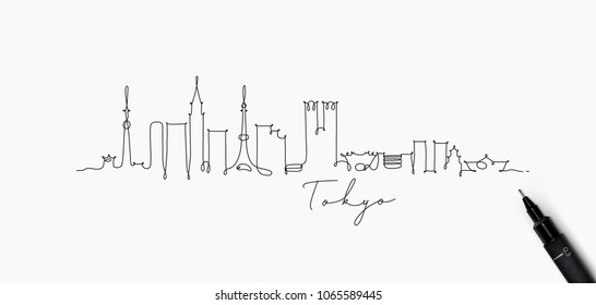 City silhouette tokyo in pen line style drawing with black on white background