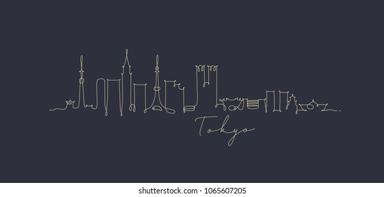 City silhouette tokyo in pen line style drawing with beige on dark blue background