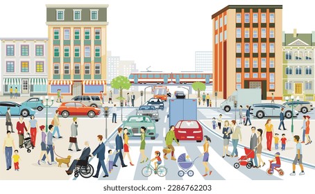 City silhouette with traffic and houses and pedestrians, illustration
