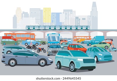 City silhouette of a city with traffic jam illustration