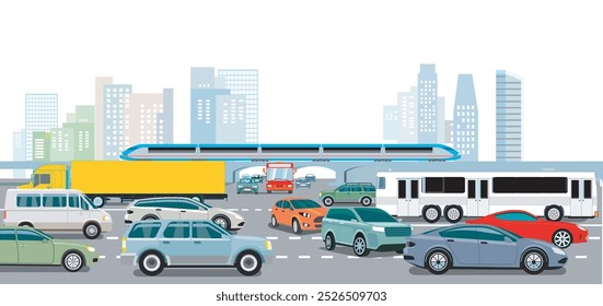 City silhouette of a city in a traffic jam, illustration