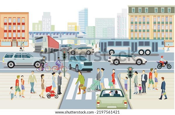 City Silhouette Traffic Pedestrians Residential District Stock Vector ...