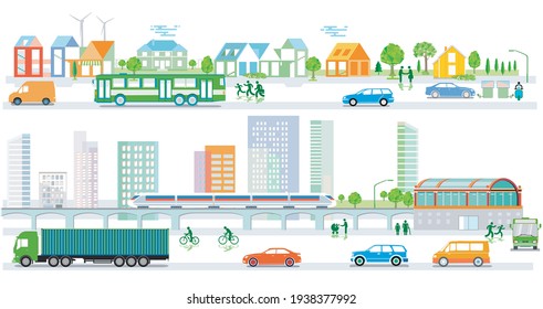 City silhouette with traffic and people, community, city map illustration