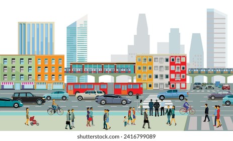 City silhouette of a city with traffic and people, illustration