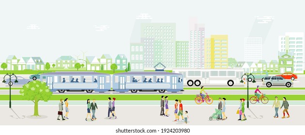 City silhouette with tram, cars and bus with people on the sidewalk, illustration