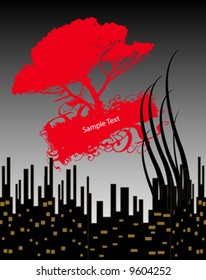 city silhouette and tree frame