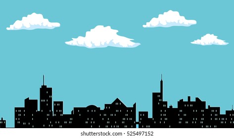 City silhouette under blue sky and clouds
vector illustration