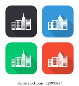City silhouette vector icon - colored illustration (gray blue green red)  with long shadow