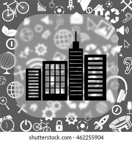 City silhouette vector icon - matte glass button on background consisting of  different icons