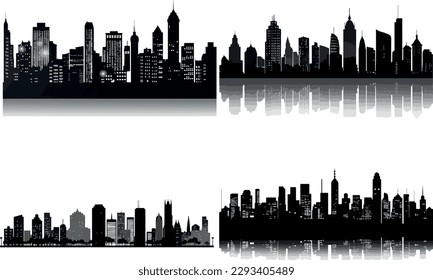 City silhouette vector, Panorama city background, Skyline urban border collection, black and white, on white isolated background