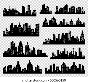 City silhouette vector set. Panorama city background. Skyline urban border collection. Buildings with windows on transparrent background