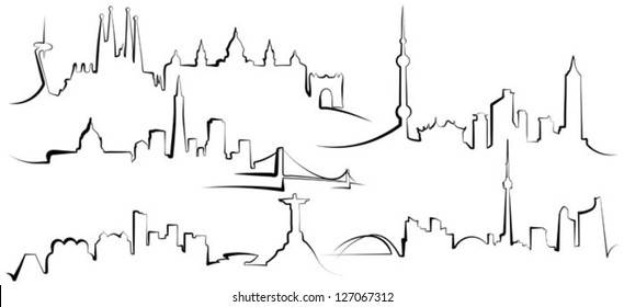 City silhouettes. Barcelona, San Francisco, Rio de Janeiro, Shanghai, Toronto