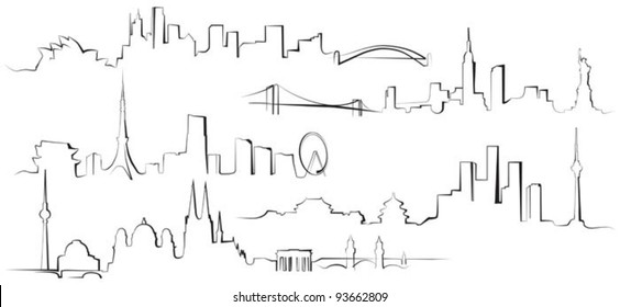 City silhouettes. Berlin, Sydney, New York, Tokyo, Beijing