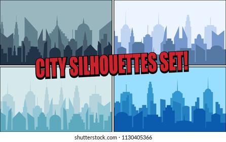City silhouettes bright collection with cityscapes buildings skyscrapers in different colors. Vector illustration