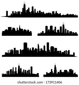 City silhouettes. Chicago Illinois various skyline silhouette set. Panorama city background. Urban skyline border collection. 