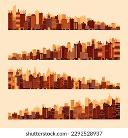 City silhouettes. Cityscape, town skyline, horizontal panorama. Midtown, downtown with various buildings, houses and skyscrapers. Vector illustration
