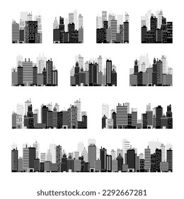 Siluetas de la ciudad. El paisaje urbano, el horizonte urbano, el panorama horizontal. Midtown, en el centro de la ciudad, con varios edificios, casas y rascacielos. Ilustración del vector