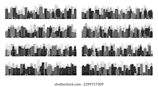 City silhouettes. Cityscape, town skyline, horizontal panorama. Midtown, downtown with various buildings, houses and skyscrapers. Vector illustration