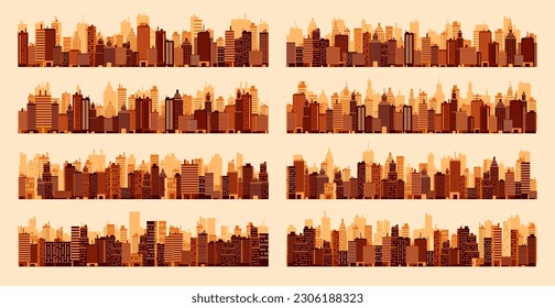 City silhouettes. Cityscape, town skyline, horizontal panorama. Midtown, downtown with various buildings, houses and skyscrapers. Vector illustration