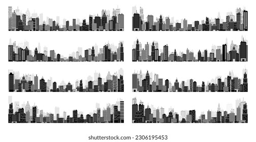 Siluetas de la ciudad. El paisaje urbano, el horizonte urbano, el panorama horizontal. Midtown, en el centro de la ciudad, con varios edificios, casas y rascacielos. Ilustración del vector