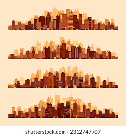 City silhouettes. Cityscape, town skyline, horizontal panorama. Midtown, downtown with various buildings, houses and skyscrapers. Vector illustration
