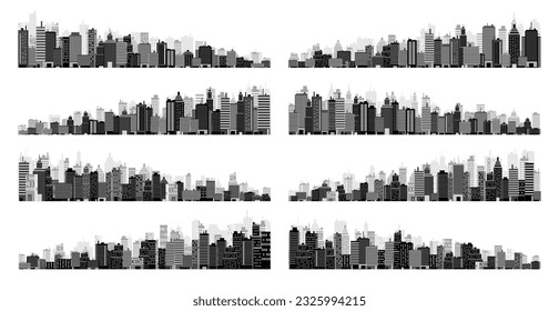 City silhouettes. Cityscape, town skyline, horizontal panorama. Midtown, downtown with various buildings, houses and skyscrapers. Vector illustration