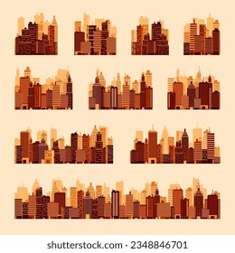 City silhouettes. Cityscape, town skyline, horizontal panorama. Midtown, downtown with various buildings, houses and skyscrapers. Vector illustration