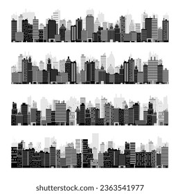 City silhouettes. Cityscape, town skyline, horizontal panorama. Midtown, downtown with various buildings, houses and skyscrapers. Vector illustration