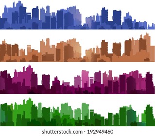 City silhouettes of different colors on white