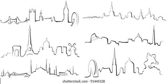 City silhouettes. London, Paris, Istanbul, Moscow, Rome, Vienna