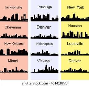 City silhouettes of the most popular cities of the USA. Vector.